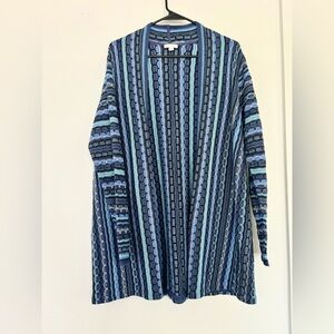 J.jill blue/black retro print long lined cardigan, size medium